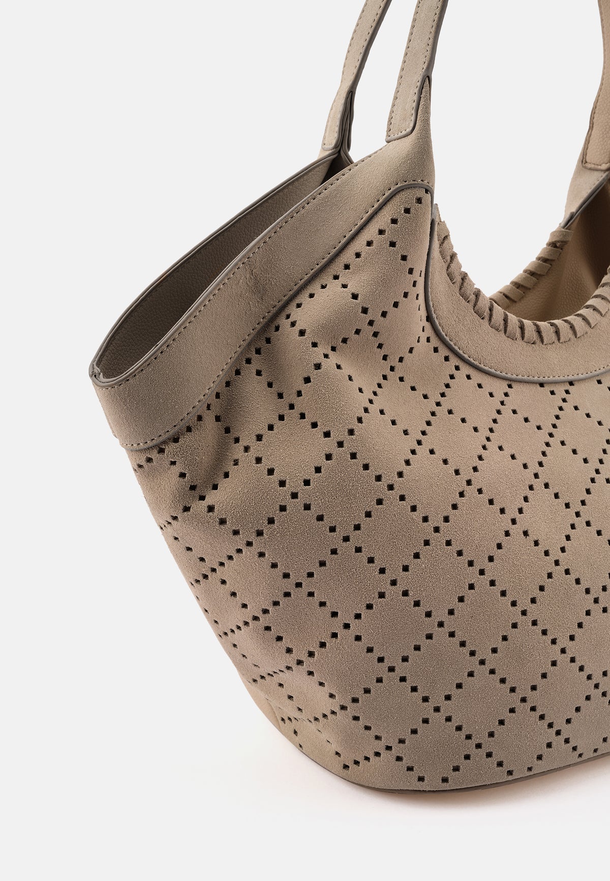Taupe Shopper mit Perforationsrauten und breitem Randbereich am Henkel