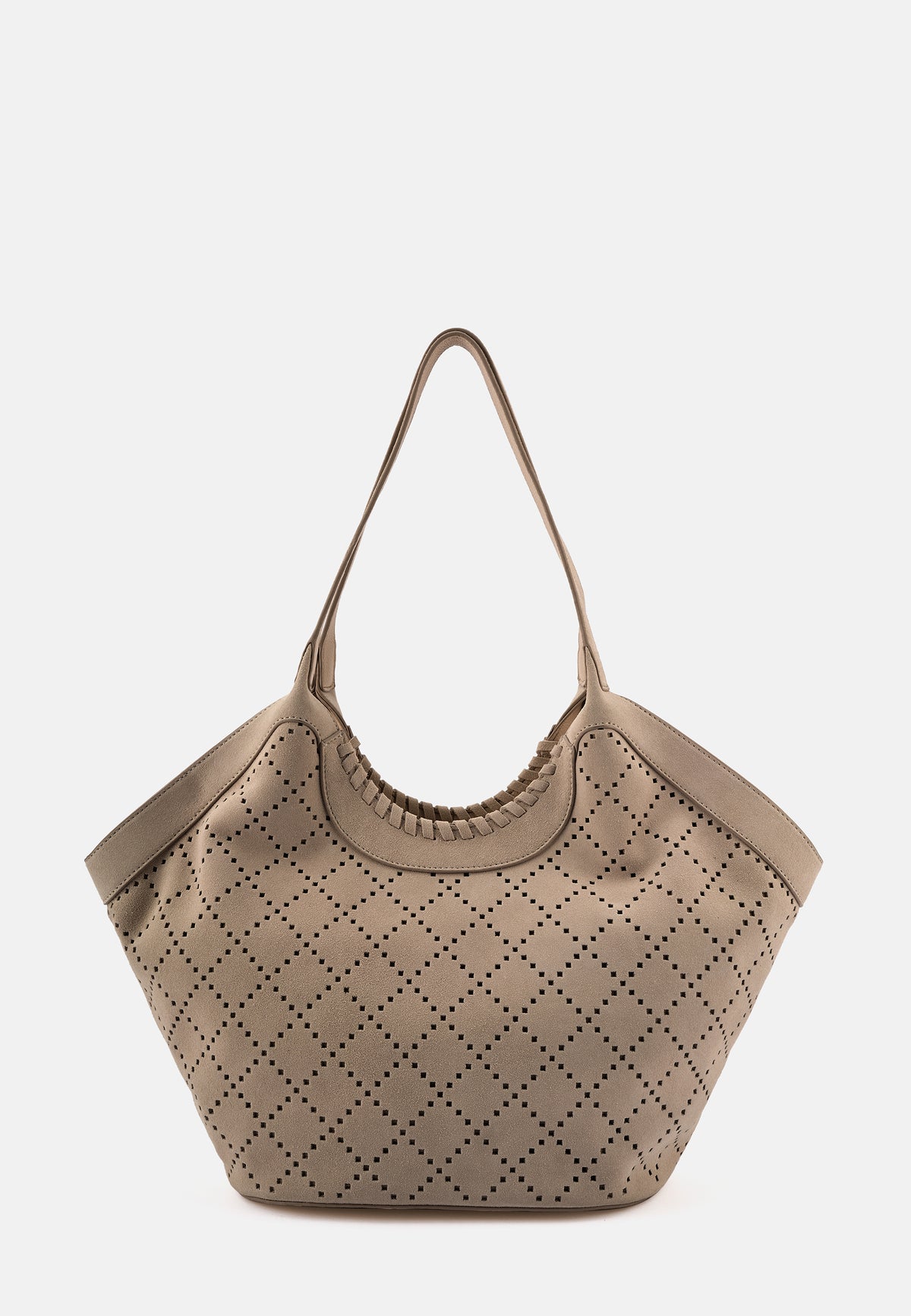 Shopper in Taupe mit rautenförmigem Nietenmuster, breitem Rand und Griffschlaufe