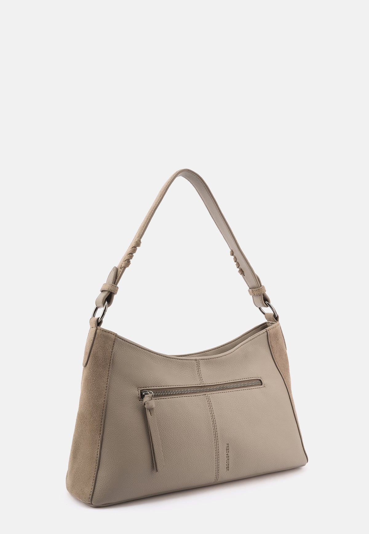 Schultertasche in Taupe mit Tragegriffen, seitlichem Reißverschlussfach und geräumigem Beutel