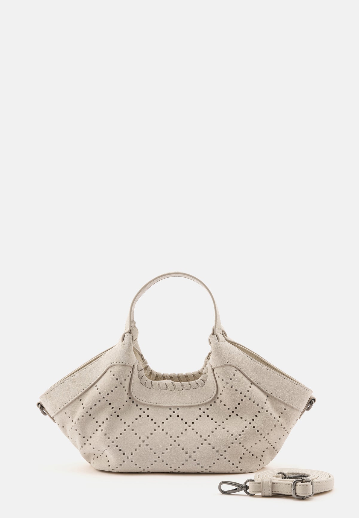 Kleine Shopper-Tasche in Creme mit Lochmuster-Rauten, kurzen Henkel und Trageriemen