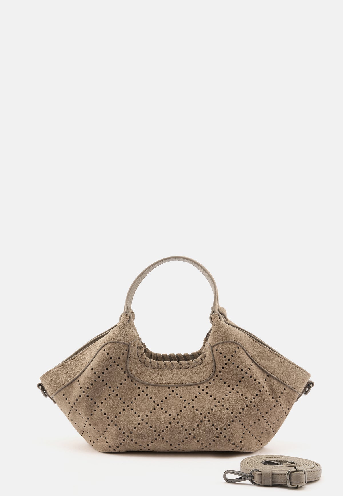 Kleine Shopper-Tasche in dunklem Taupe mit Lochmuster-Rauten, kurzen Henkeln und Riemen