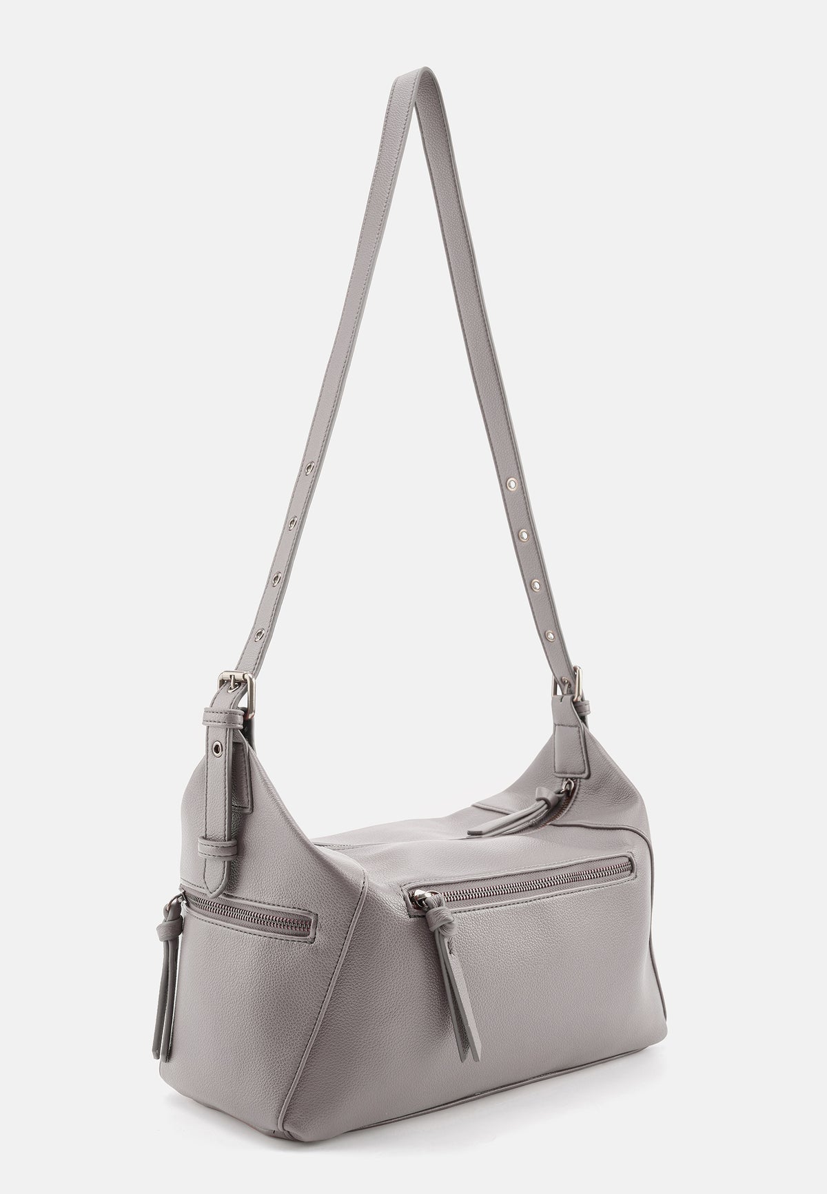 Schultertasche aus Lederimitat in Hellgrau, Vorderansicht mit Frontzip und Quasten