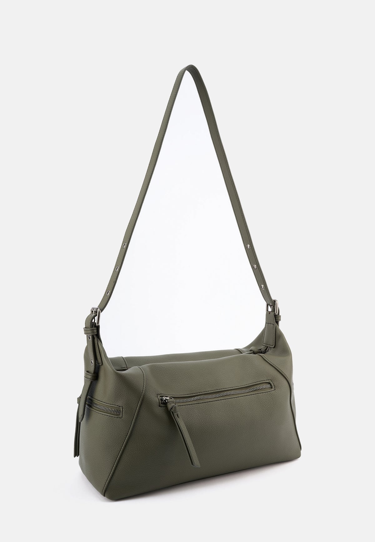 Schultertasche aus Lederimitat in Olivgrün mit Fronttasche und abnehmbaren Quasten