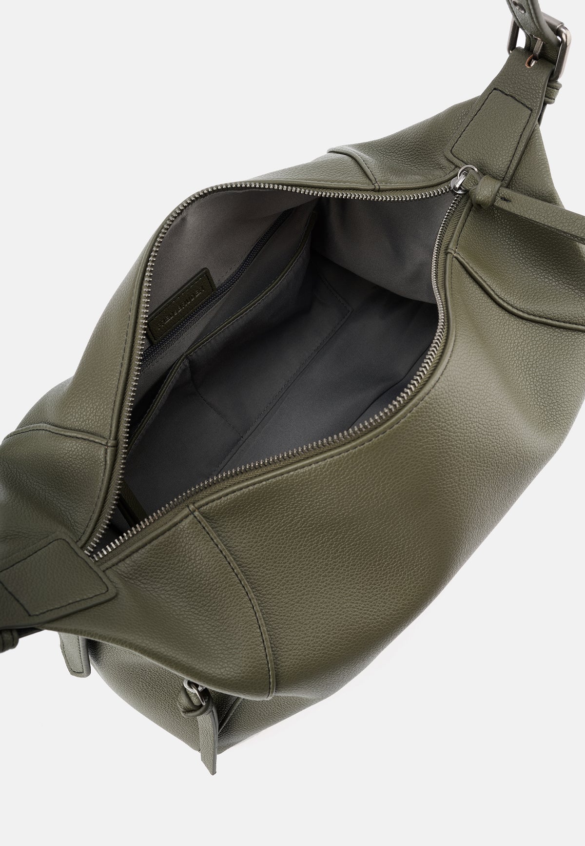 Schultertasche aus Lederimitat in Olivgrün, Innenfutter und Reißverschlussöffnung sichtbar