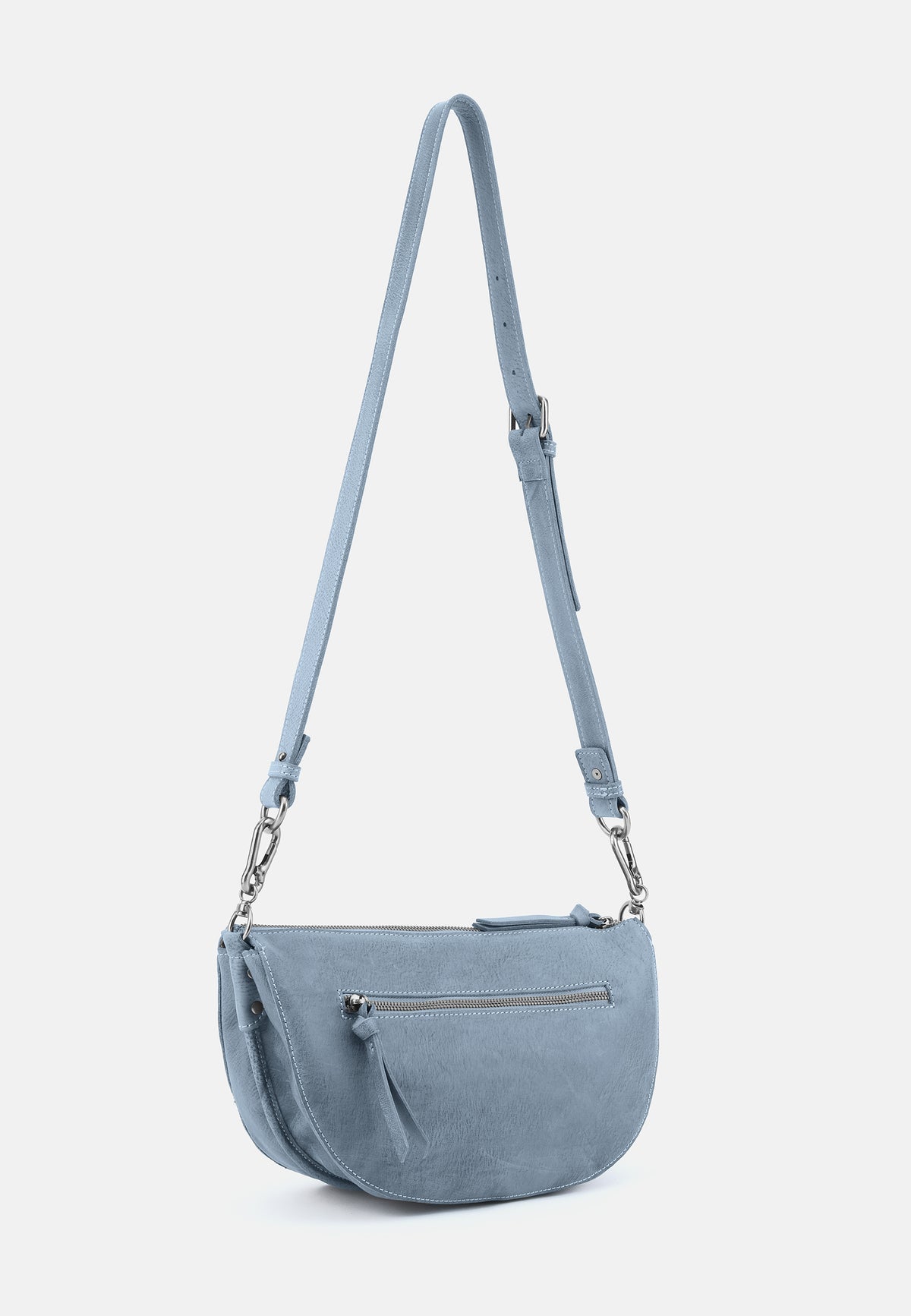 Hellblaue Curvetasche mit Ketten-Schulterriemen und seitlichem Reißverschluss.