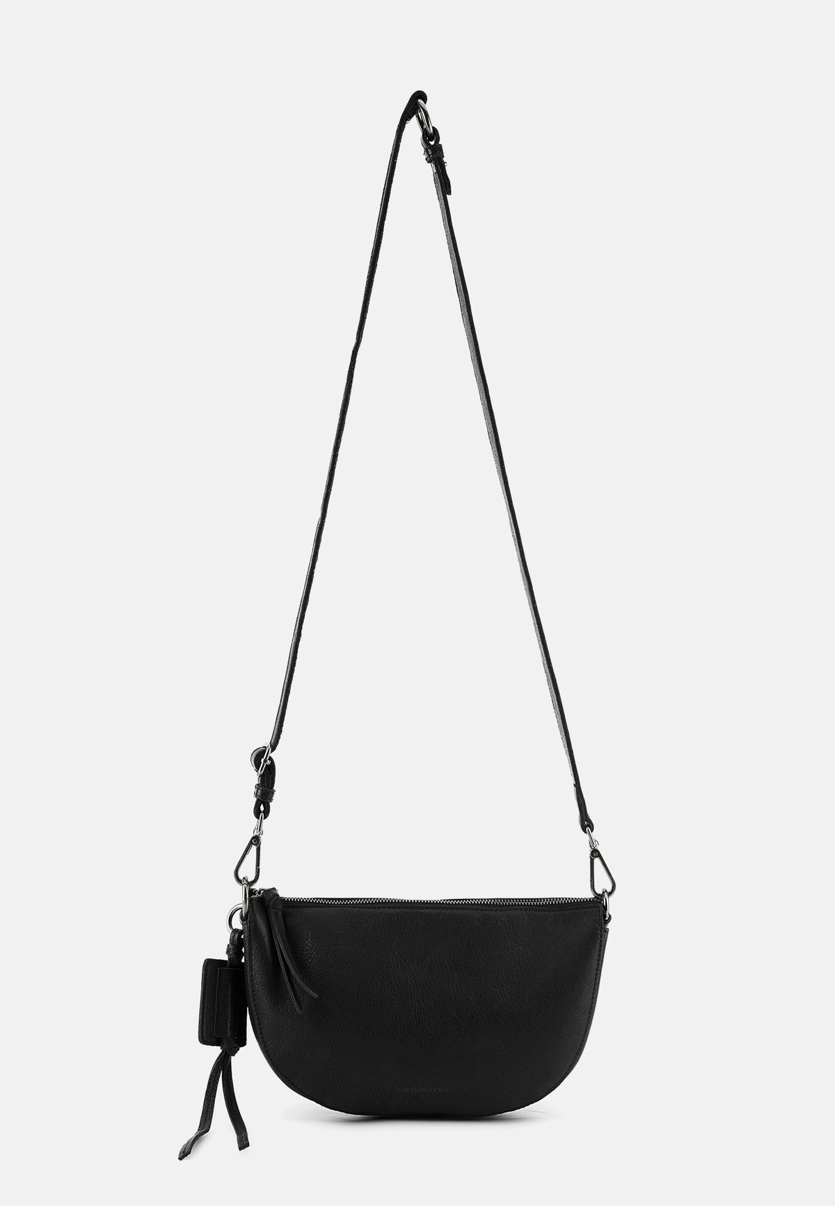 Schwarze Halbmond-Schultertasche mit Reißverschluss und verstellbarem Schulterriemen, Quaste.