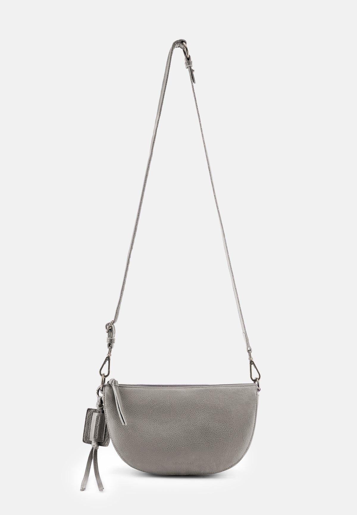Graue Halbmond-Schultertasche mit Reißverschluss und verstellbarem Schulterriemen, Quaste.