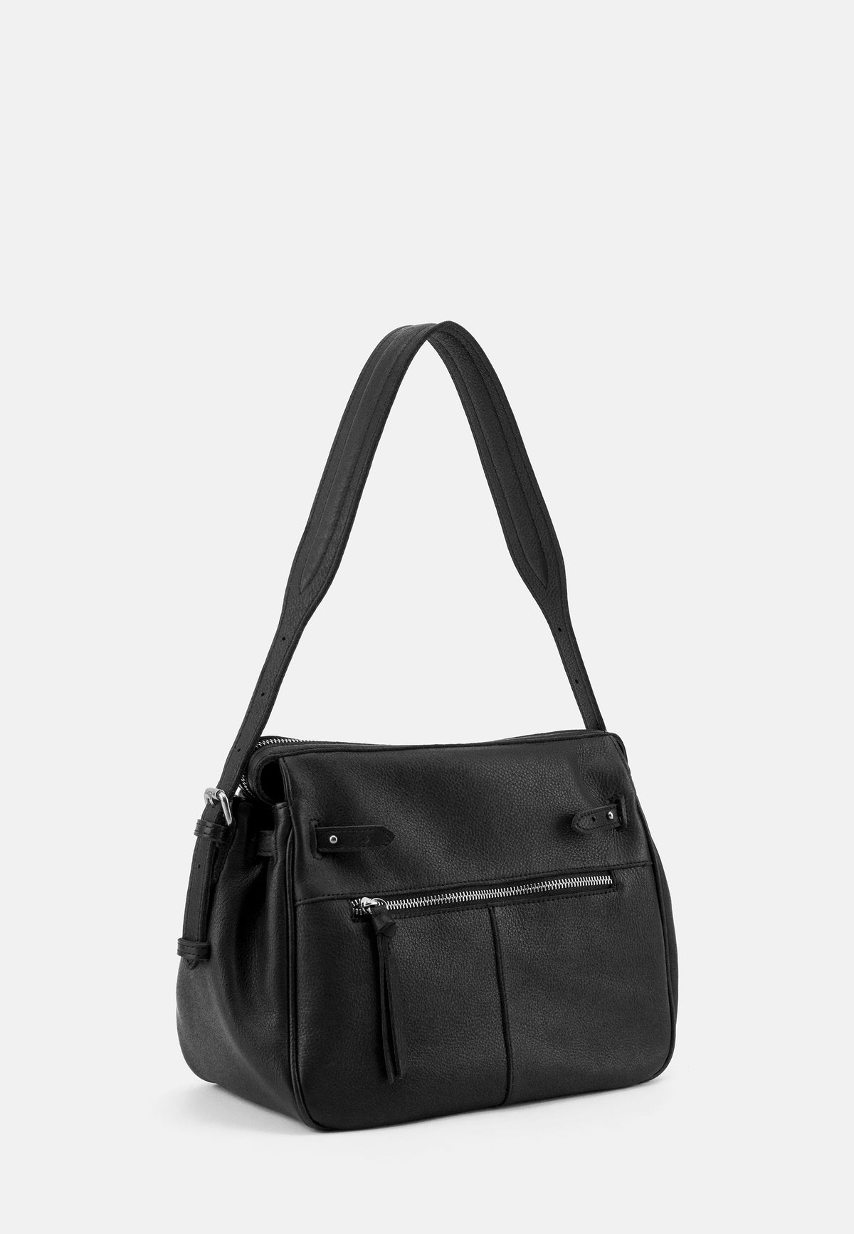 Schwarze Schultertasche mit Fronttasche und Reißverschlussfach, mit Henkelträgern
