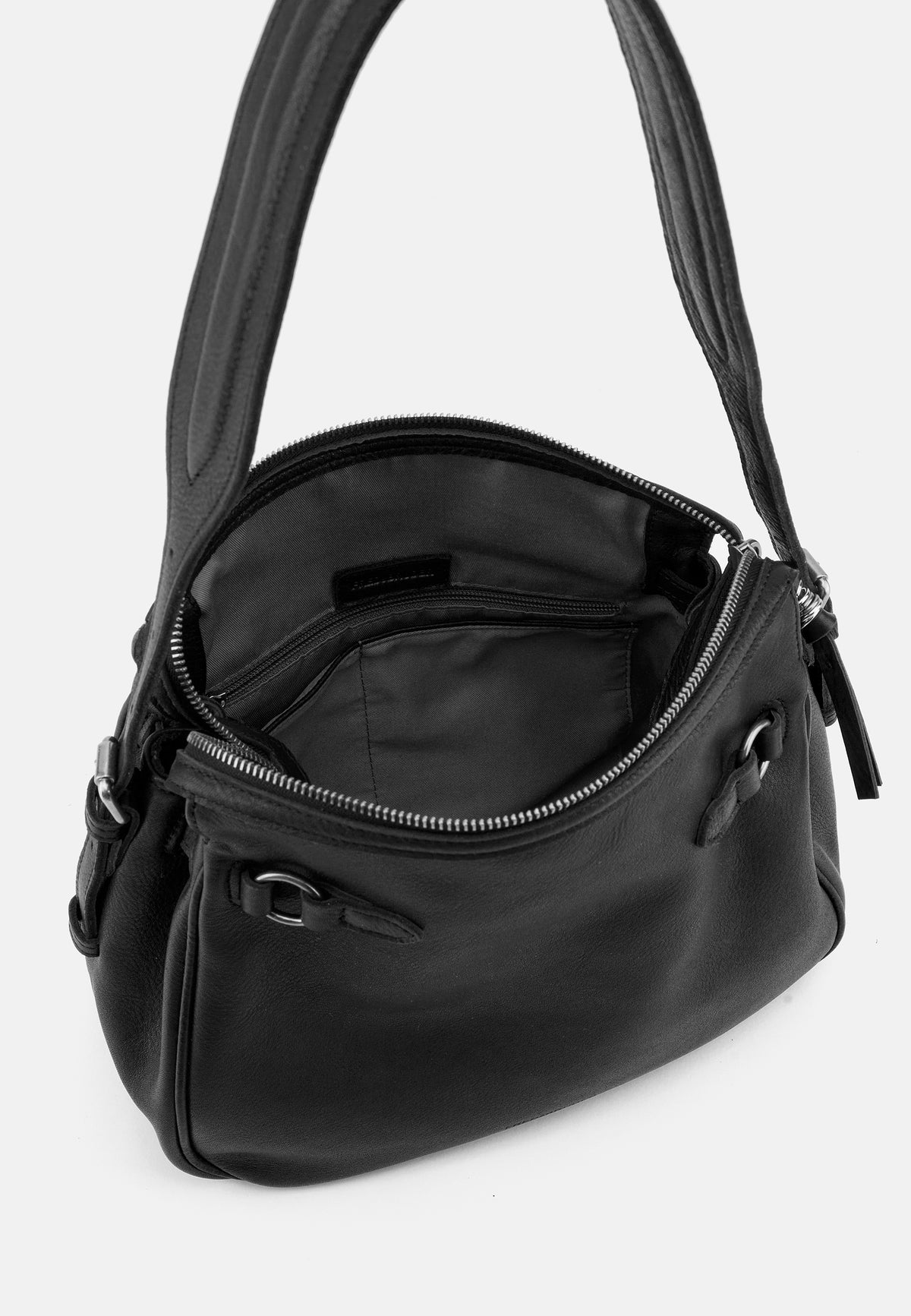 Schwarze Schultertasche mit sichtbarem Innenraum und Reißverschlussöffnung