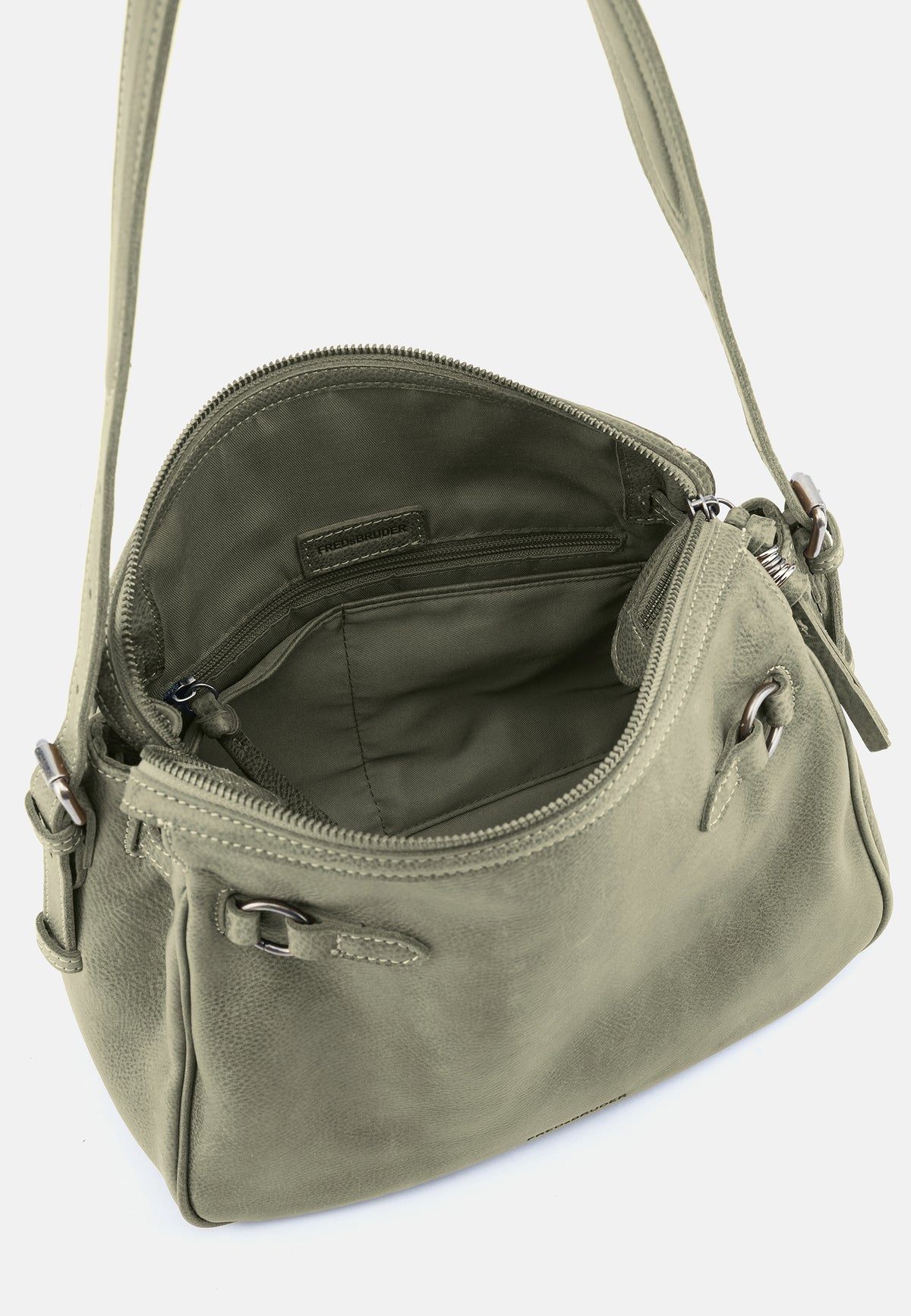 Grüne Schultertasche (Leaf) mit geöffnetem Innenfach und Reißverschluss