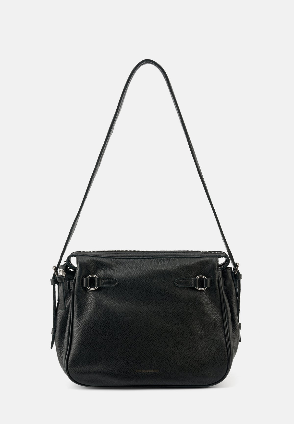 Schultertasche schwarz mit Reißverschluss und zwei Metall-Schnallen vorne, Quasten