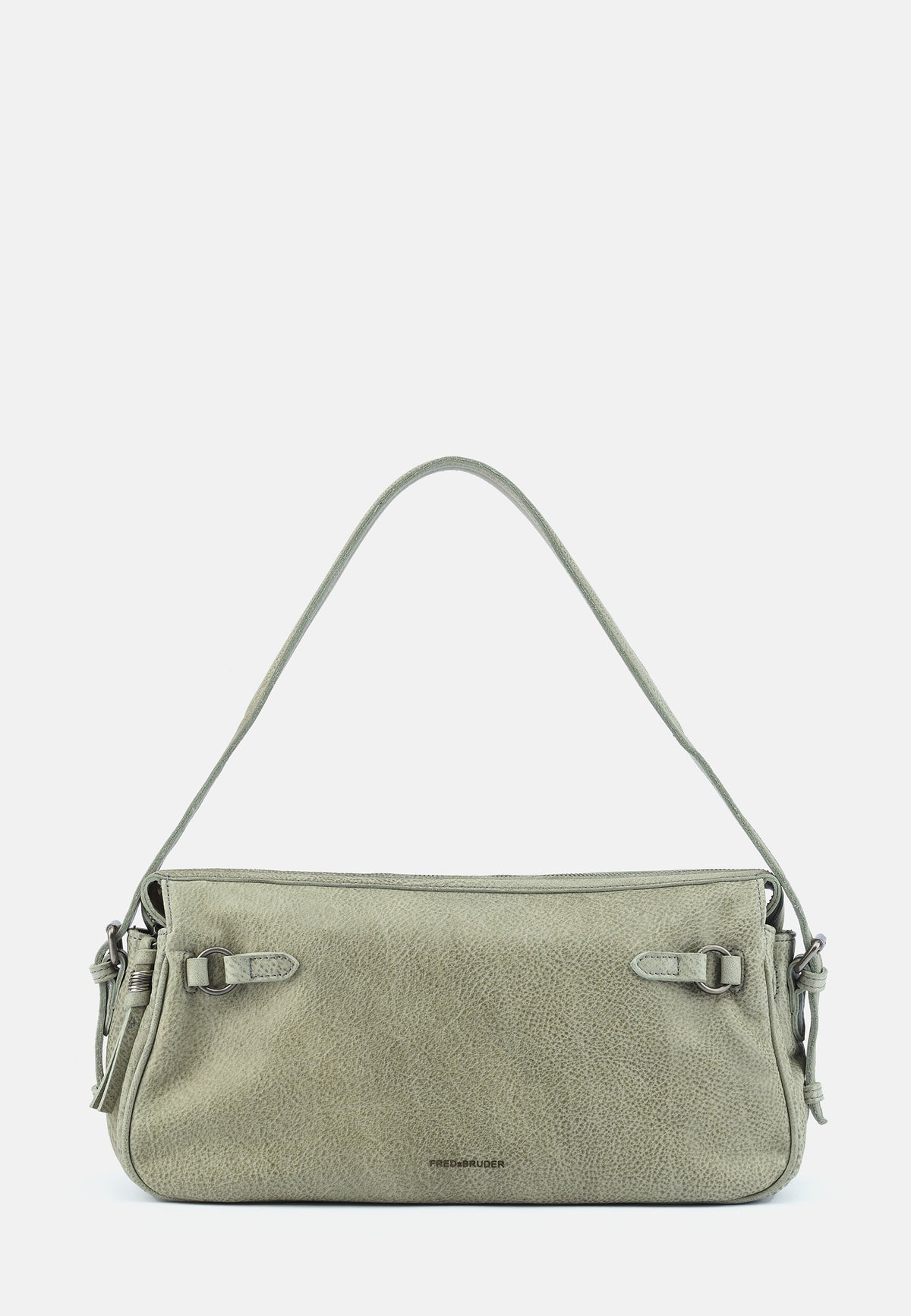 Hellgrüne Schultertasche mit kurzem Henkel, Schnallenverschluss und Reißverschluss-Seitennaht.
