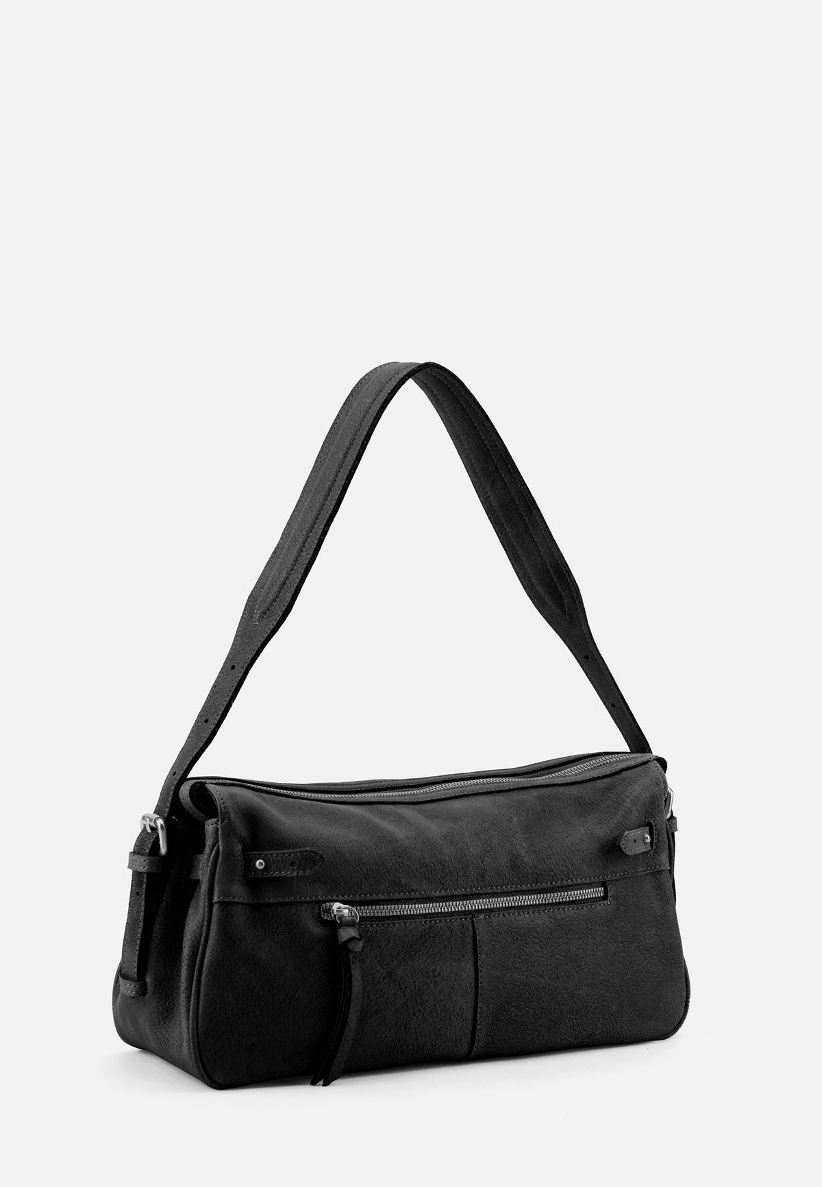 Dunkle Schultertasche mit kurzem Henkel und vorderem Reißverschlussfach.