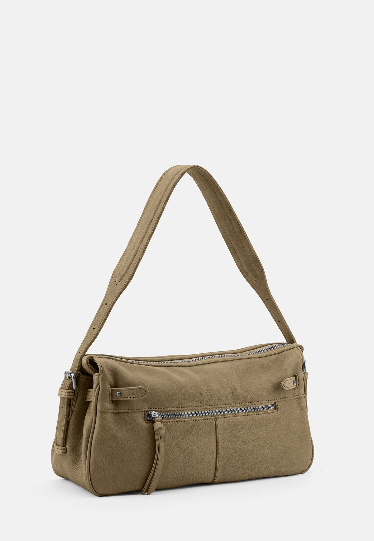 Beige Schultertasche mit vorderem Reißverschlussfach und seitlichen Teilern.