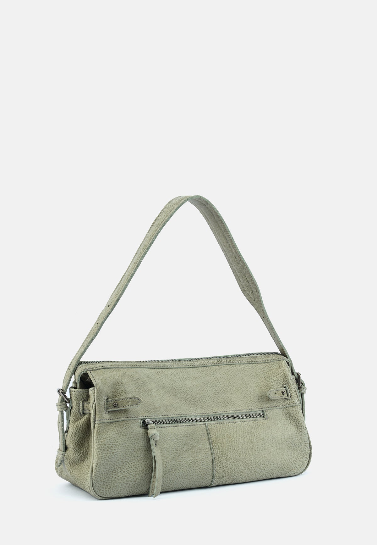 Hellgrüne Schultertasche mit vorderem Reißverschlussfach und seitlichem Steg.