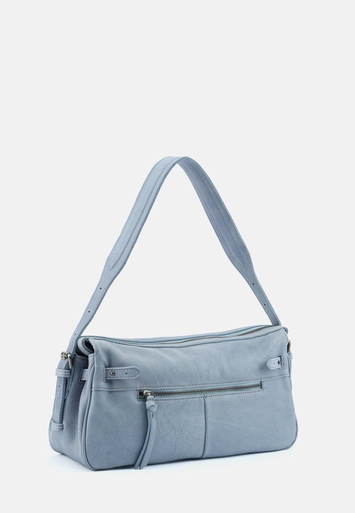 Hellblaue Schultertasche mit vorderem Reißverschlussfach und seitlichen Teilern.