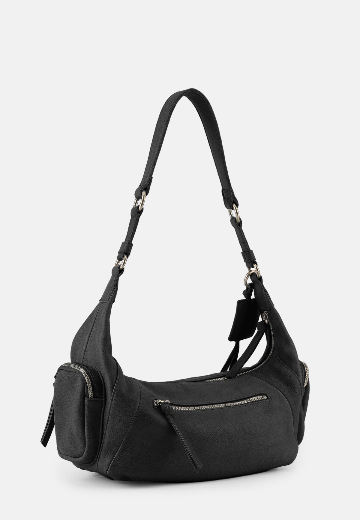 Schultertasche dunkel mit langen Trägern, Frontfach mit Reißverschluss und Quasten