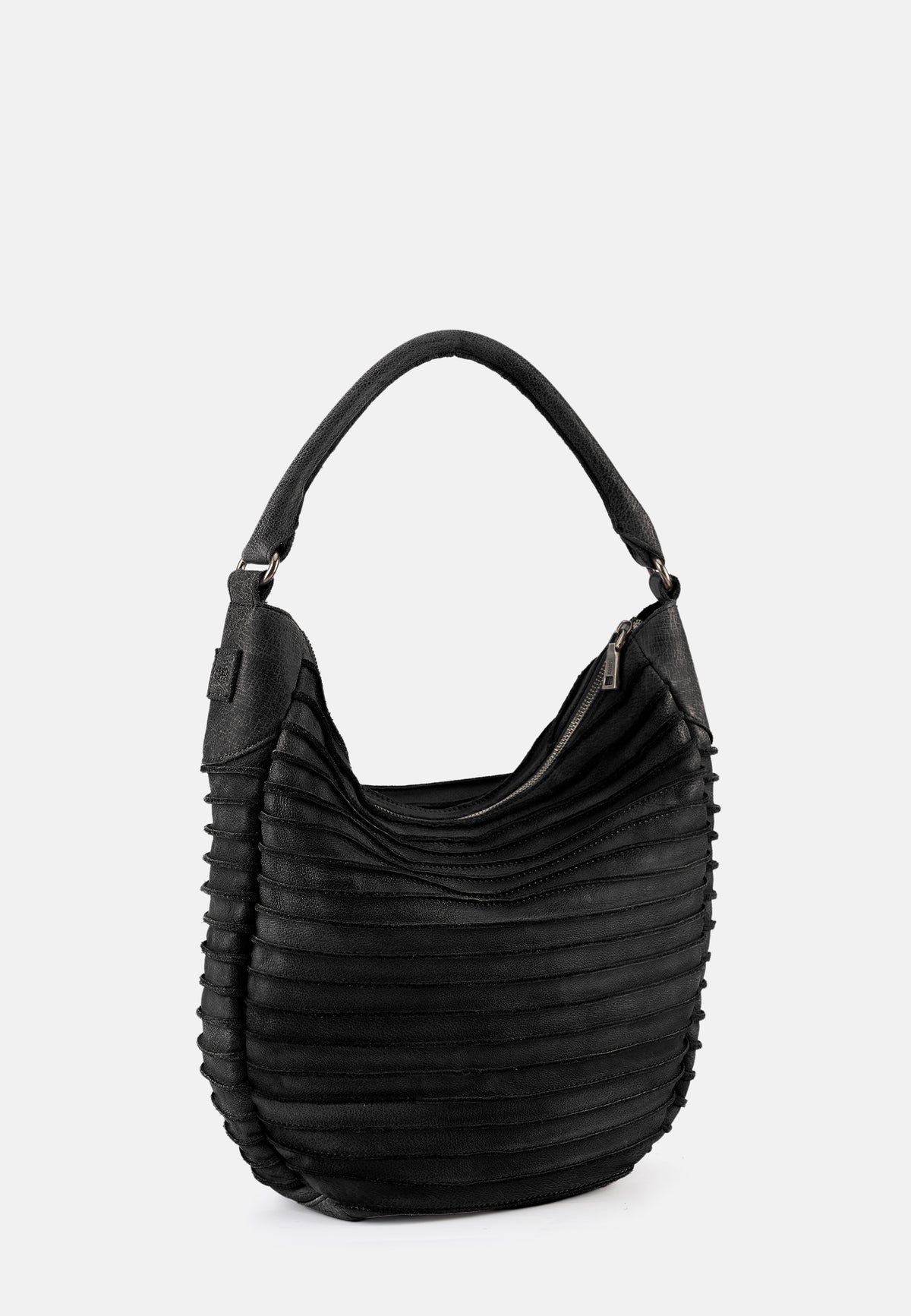 Riffeltier S Hobo-Handtasche, schwarze Riffeloptik mit Reißverschluss-Tasche vorn