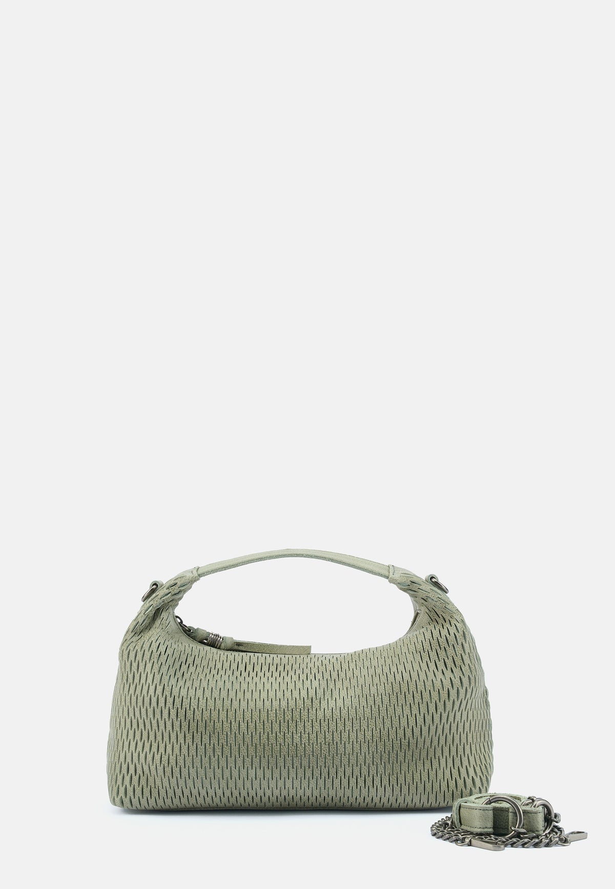 Grüne Handtasche mit feinem Wabenmuster, breiter Griff und abnehmbarer Schulterriemen