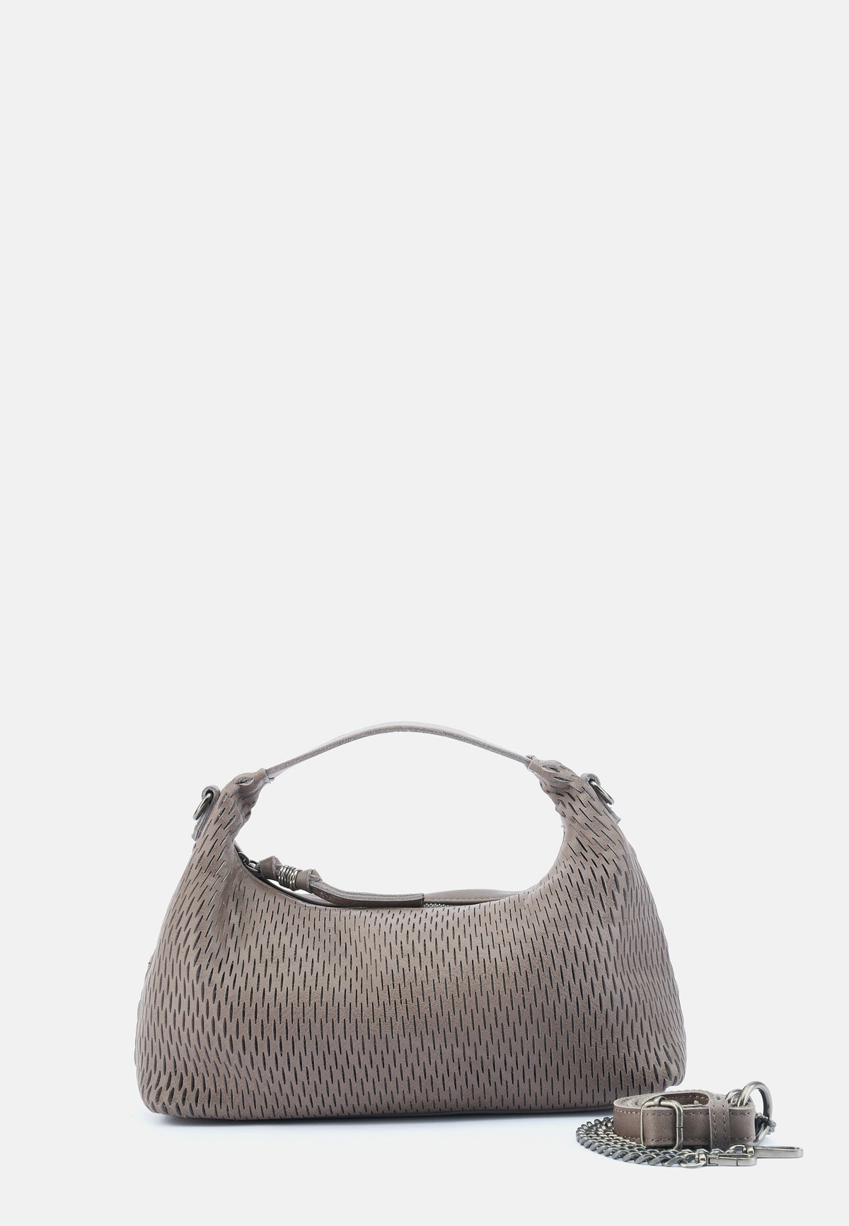 Beige-braune Handtasche mit feinem Wabenmuster, breiter Griff und abnehmbarer Riemen
