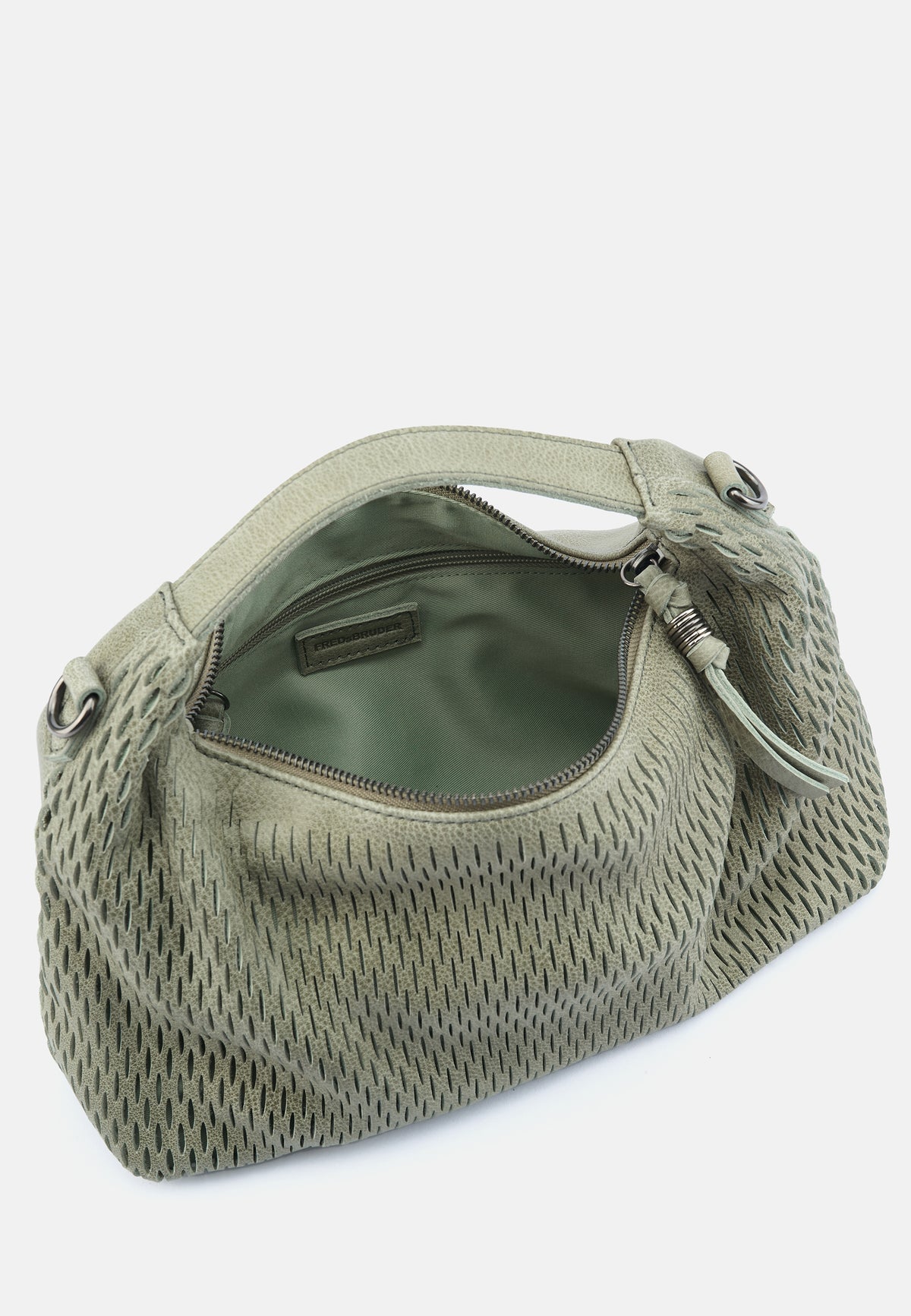 Olivgrüne Handtasche innen mit Futter, Reißverschluss und Taschenfach