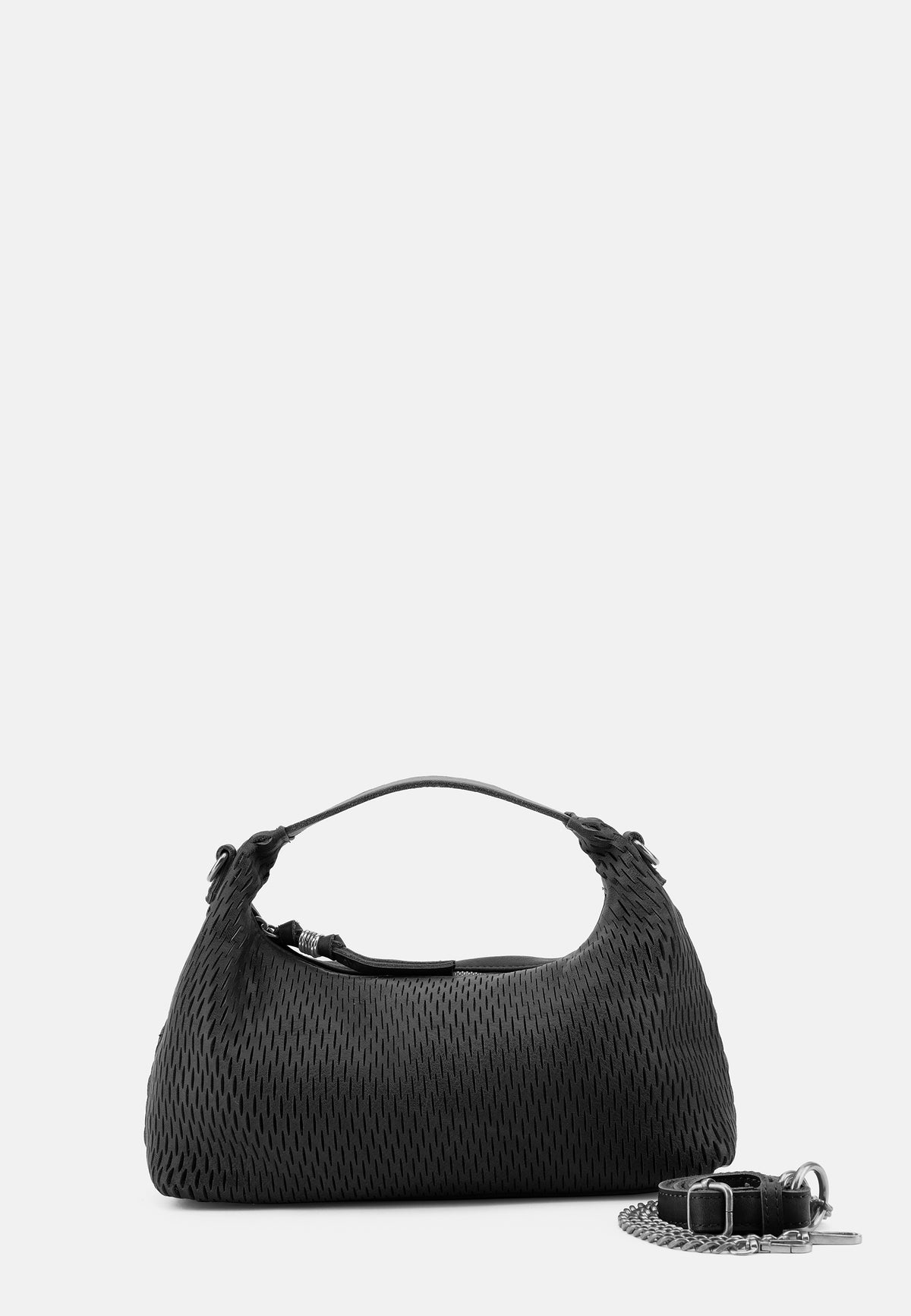 Schwarze Handtasche mit fein gemustertem Material und breitem Henkel, inkl. Schulterriemen