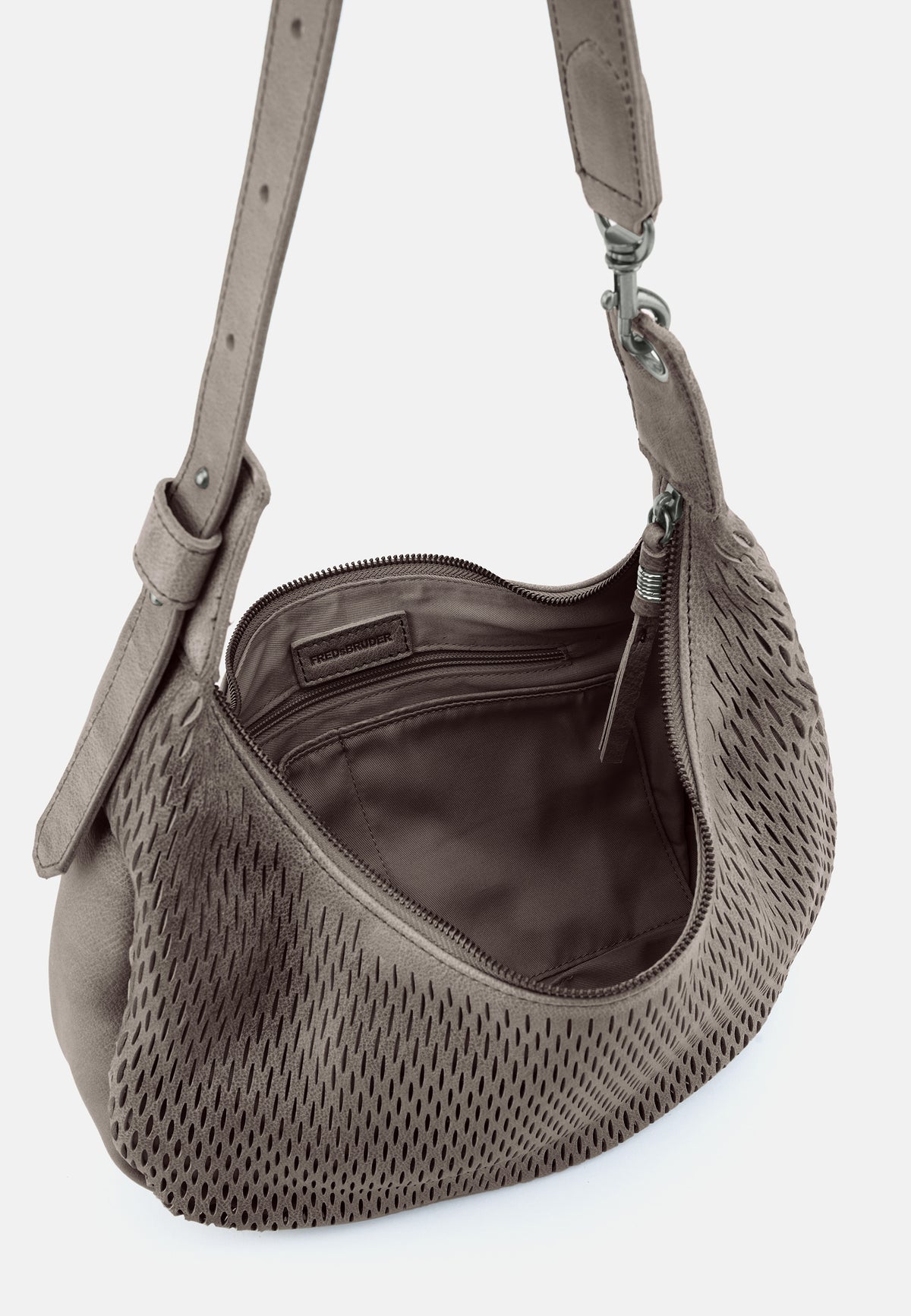 Umhängetasche Muddy Khaki Brown mit geöffnetem Innenbereich und Reißverschluss-Taschenaufdruck