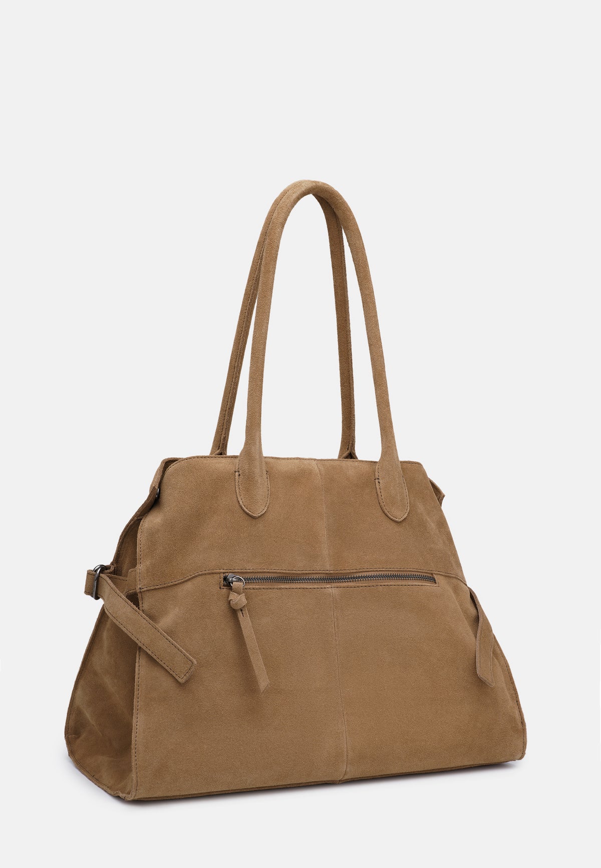 Shopper-Tasche aus Canvas in Karamellbraun mit kurzem Tragegriff, Ziernaht und Seitentasche