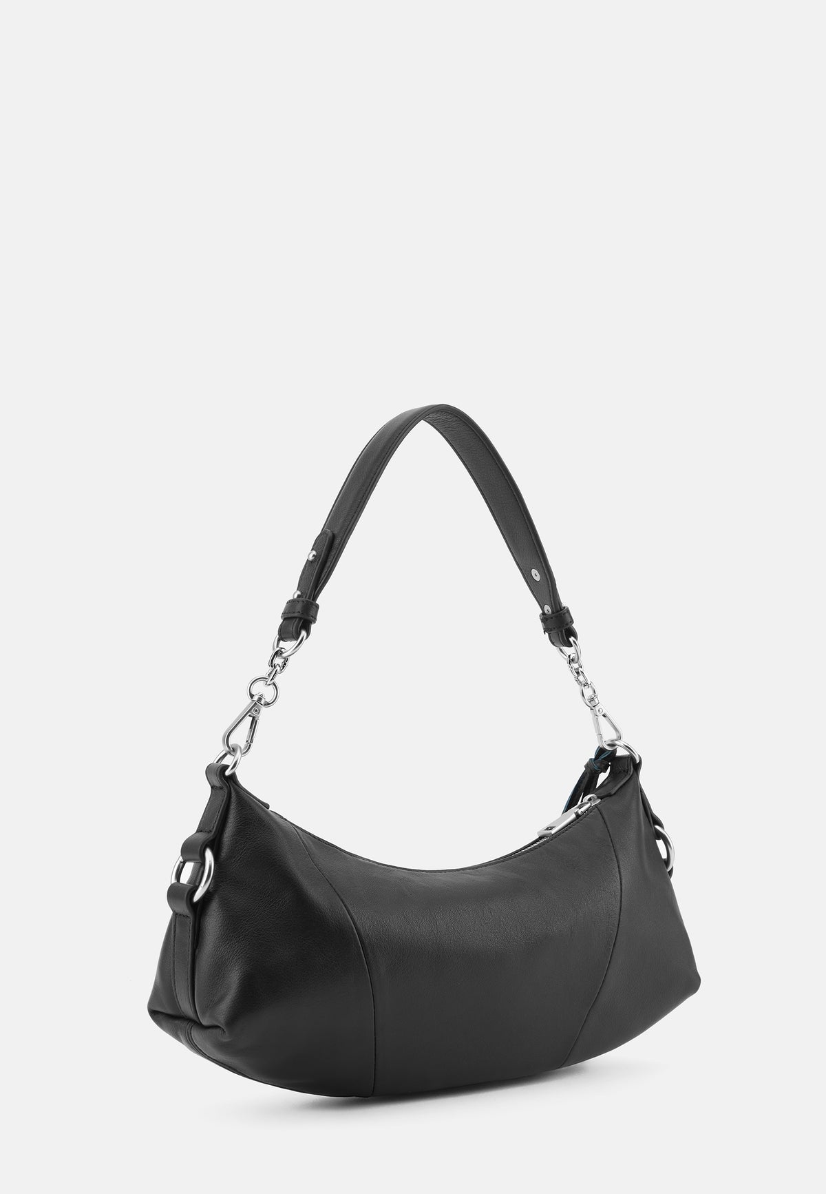Schultertasche Hobo schwarz mit Griffbügeln, Kettenriemen und breitem Taschenboden