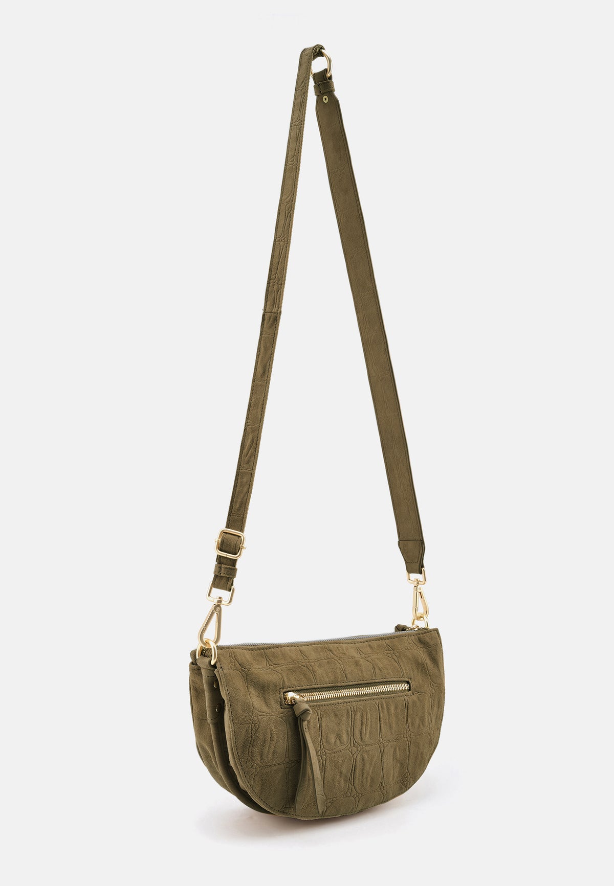 Khakifarbene Crossbody-Tasche mit Reißverschluss, Kettenriemen und verstellbarem Trageriemen