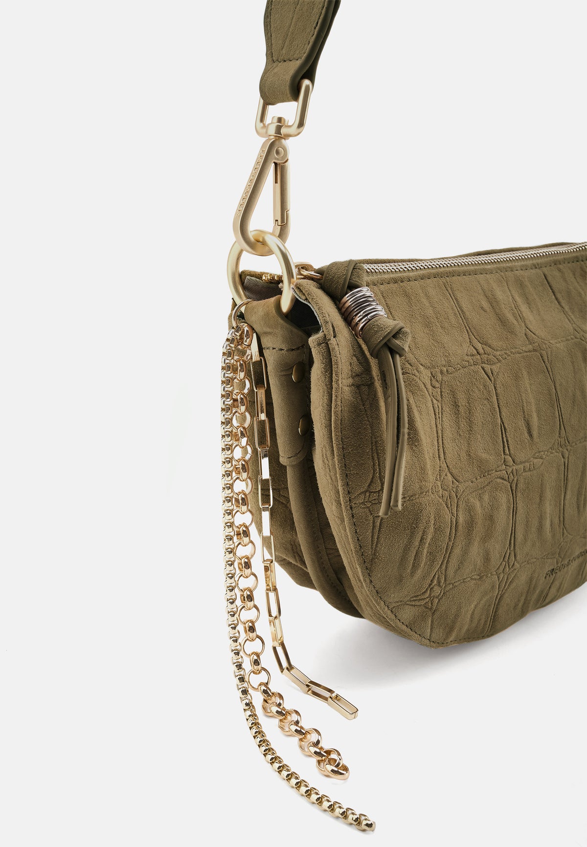 Khakifarbene Crossbody-Tasche: Kettenanhänger, Reißverschluss und seitliche Schnüre