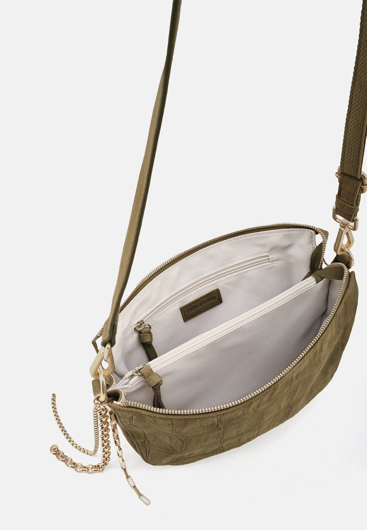 Khakifarbene Crossbody-Tasche mit offenem Innenfach und Reißverschluss, Kettenriemen
