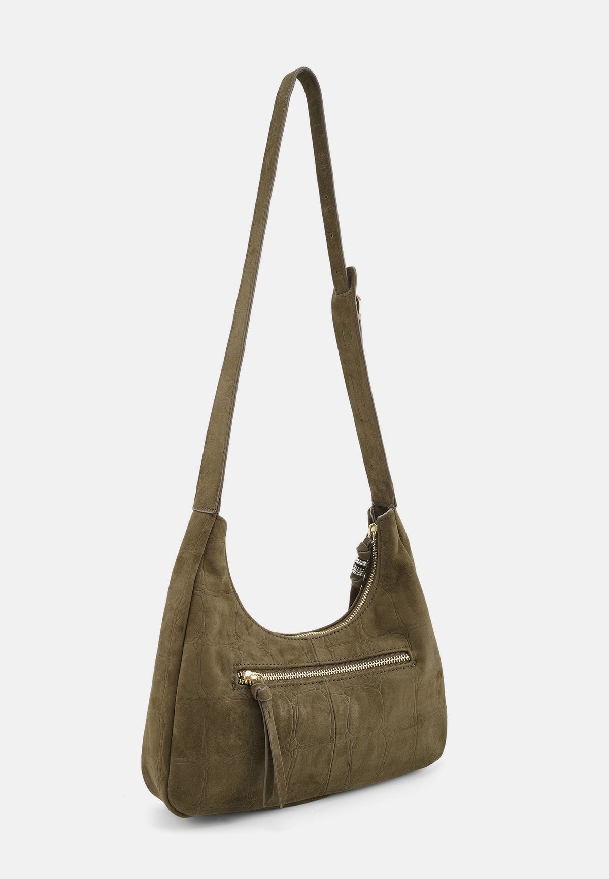 Midi-Hobo-Tasche aus Veloursleder in Khaki/Olive mit Außenfach-Reißverschluss und Quaste