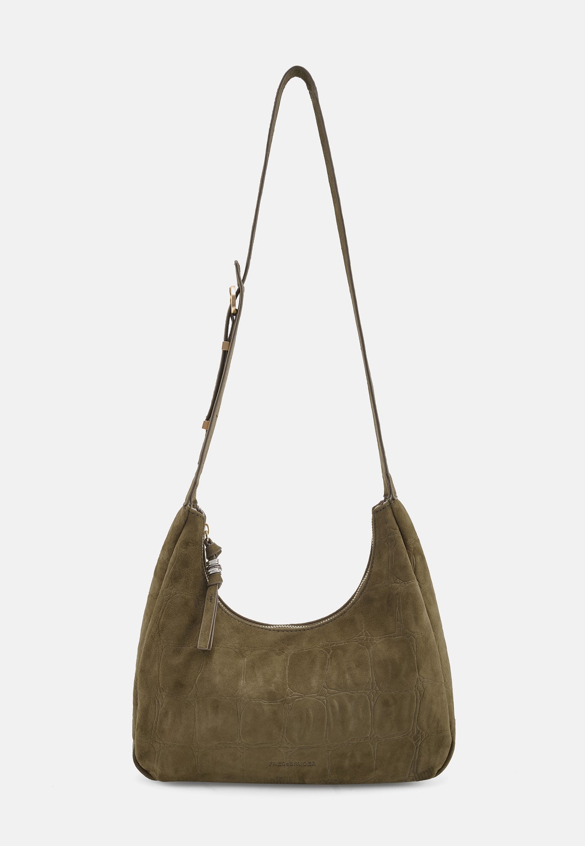 Midi-Hobo-Tasche aus Veloursleder in Khaki/Olive mit weitem Schulterriemen und Fronttasche